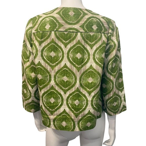 CHICO'S Women's Short Jacket Size 1 US Medium 100% Linen Lime Green Ikat Pattern - Picture 2 of 5